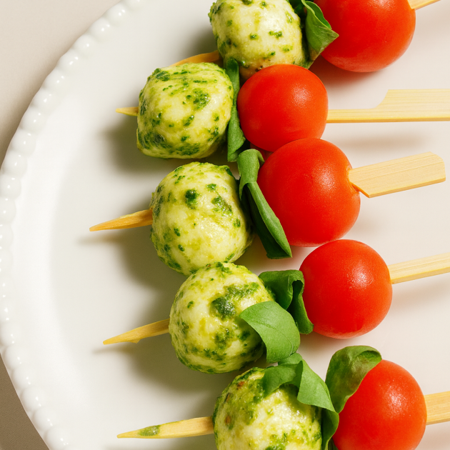 Brochette tomates, mozzarella & pesto